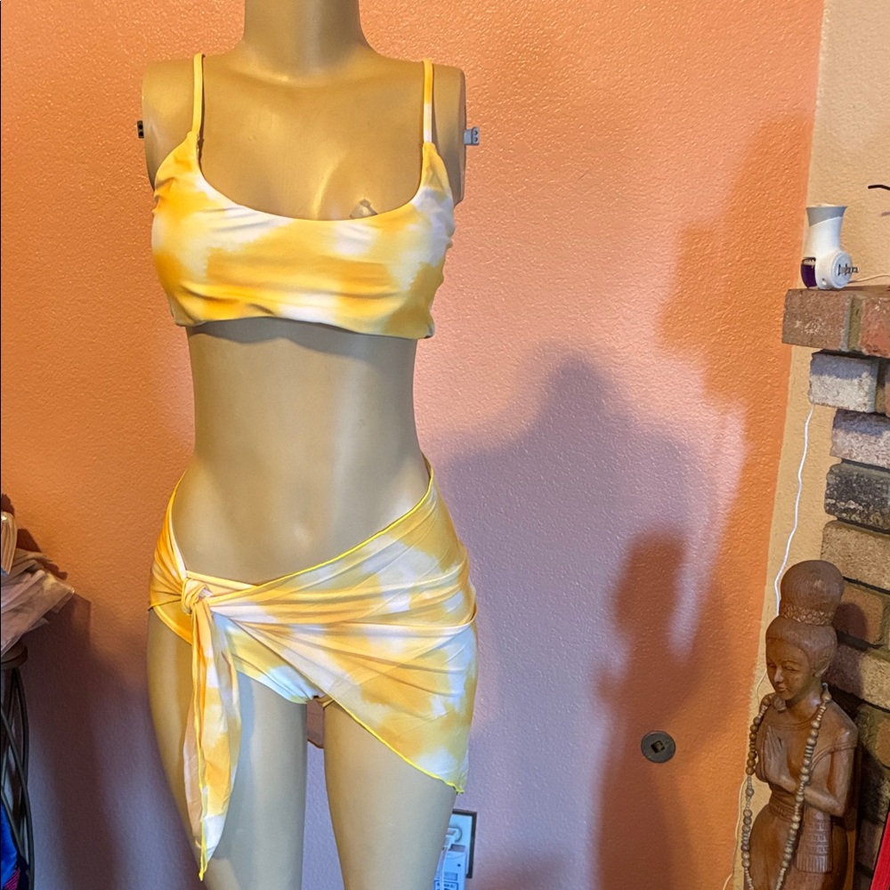 Yellow & White Tie-Dye Bikini Set with Sarong